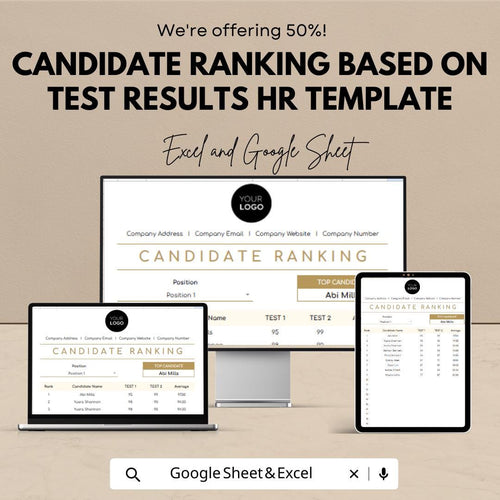 Candidate Ranking HR Template  | Test Results Ranking Spreadsheet | Hiring Evaluation Tracker | Recruitment Candidate Scorecard