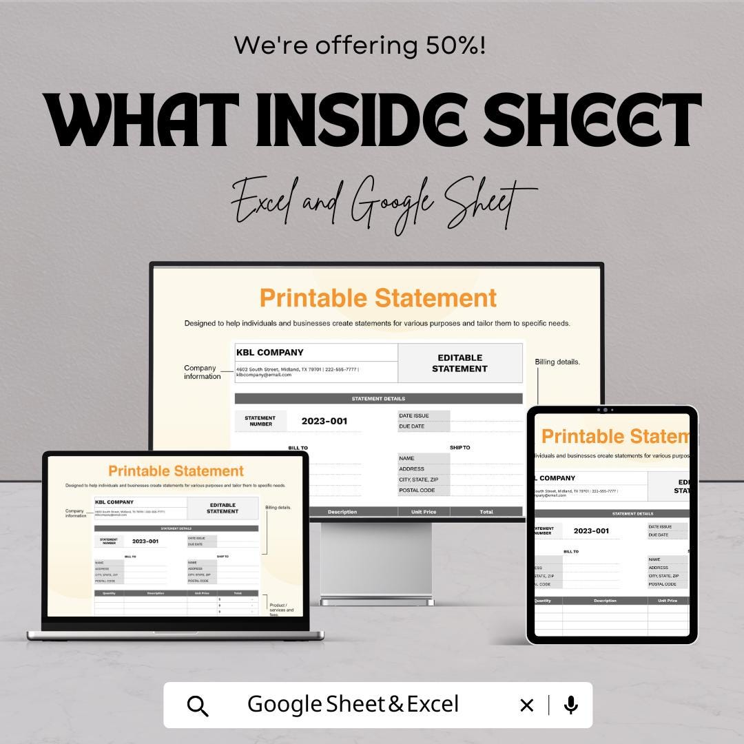 Editable Statement Sheet Template | Excel and Google Sheets | Business Statement Form | Billing & Finance Log | Digital Download