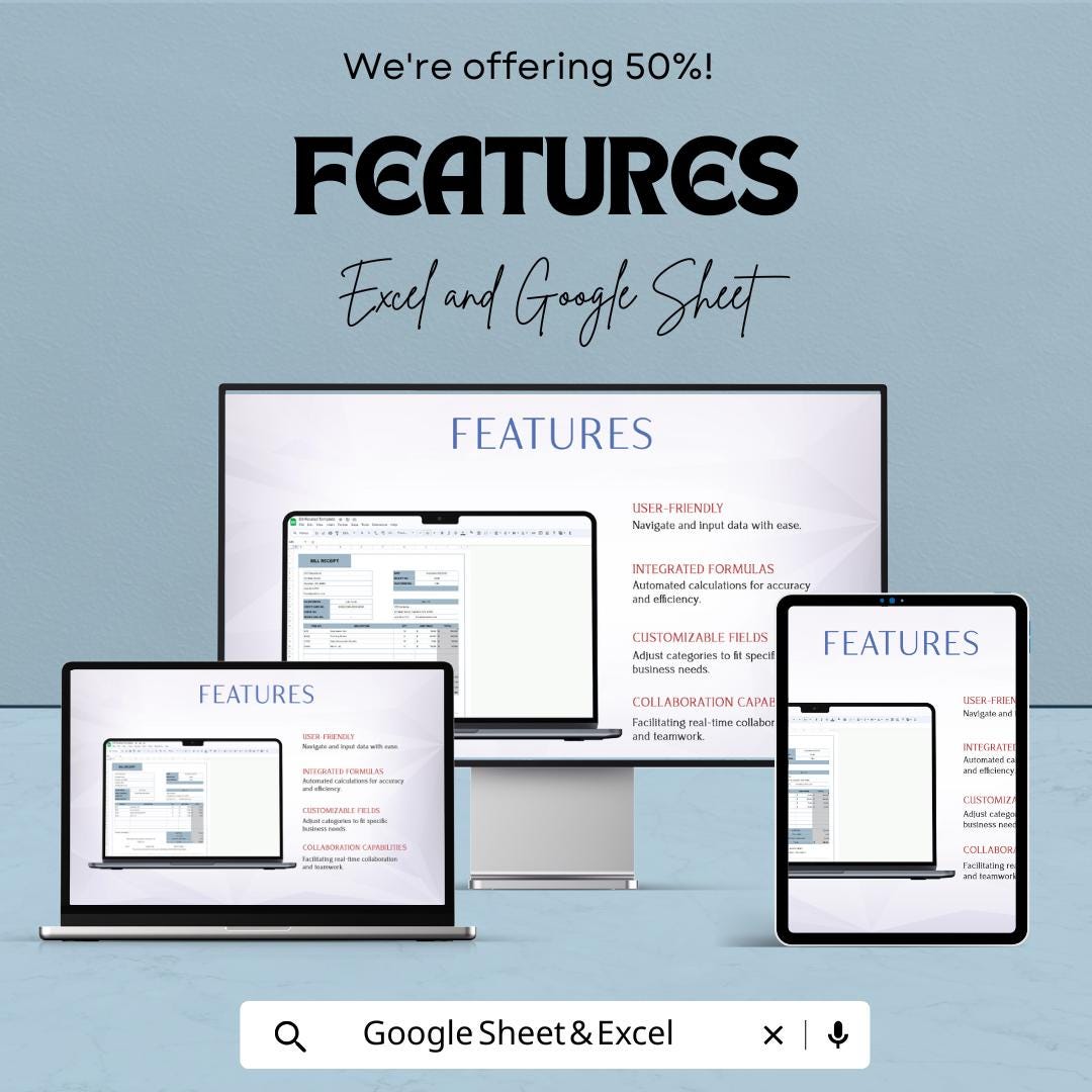 Editable Bill Receipt Template | Excel & Google Sheet | Printable Business Invoice | Custom Billing Tracker | Digital Download