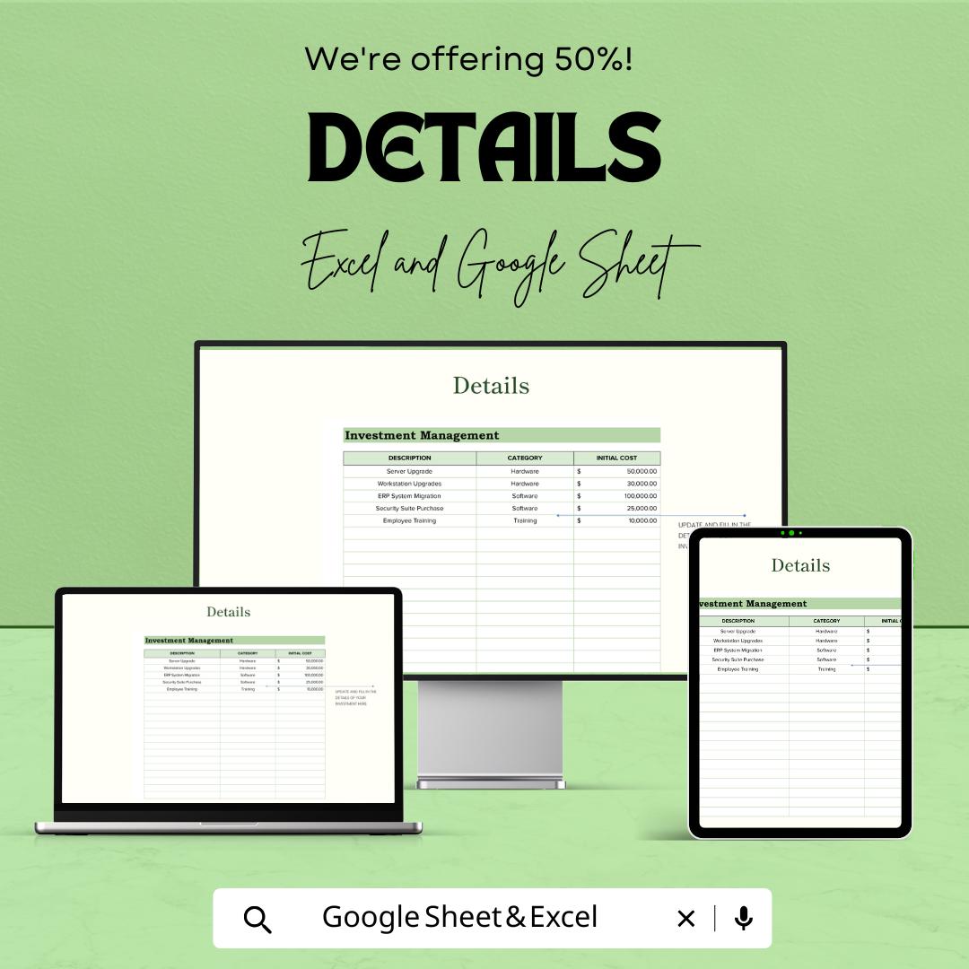 IT Financial Analysis Template | Excel & Google Sheets Roi Calculator | IT Investment Return Tracker | Business ROI Analysis Spreadsheet