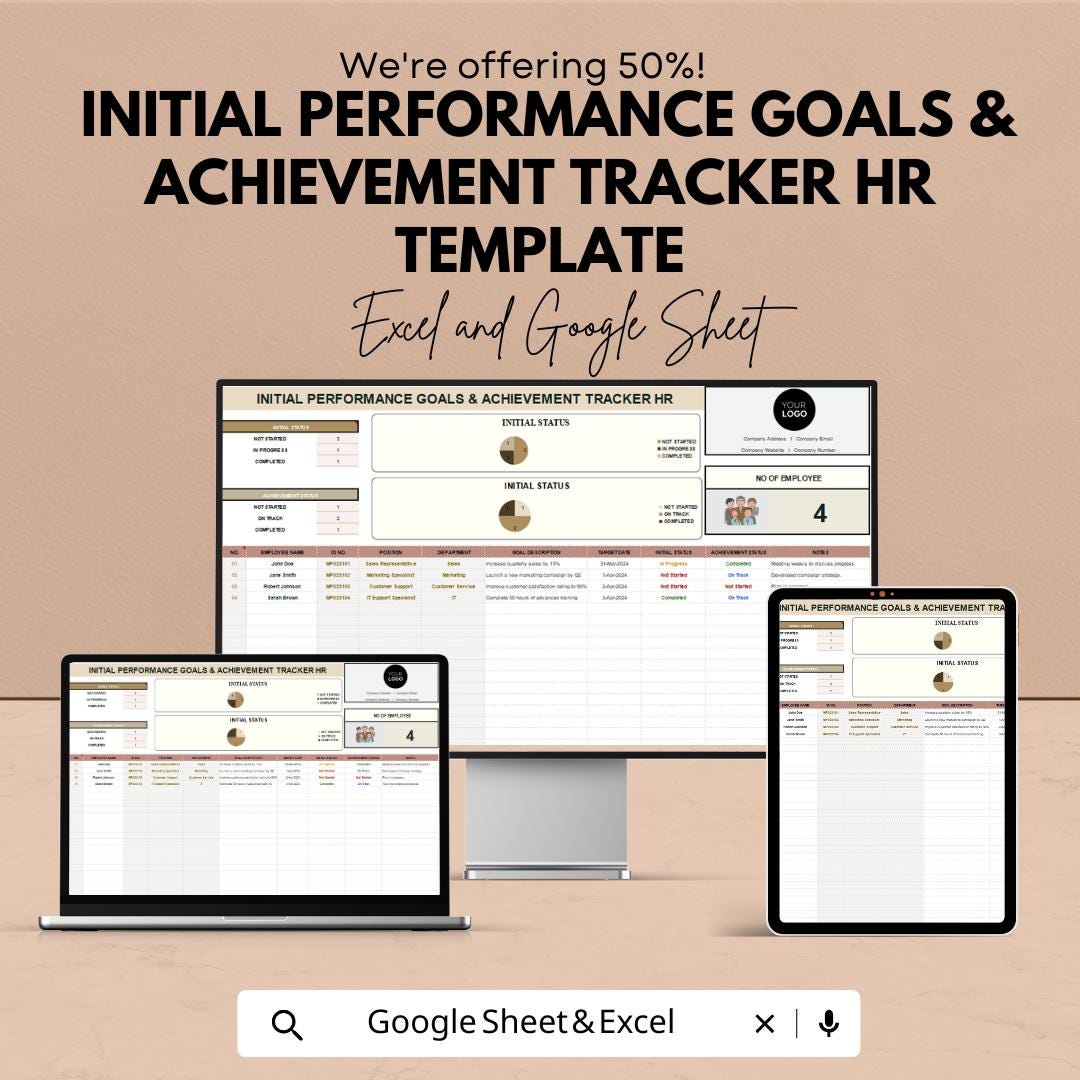 Initial Performance Goals & Achievement Tracker HR Template | Employee Goal Setting Spreadsheet | HR Tracker | Staff Progress Planner