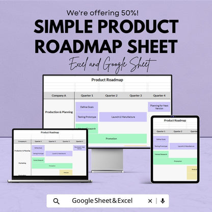 Simple Product Roadmap Sheet | Excel & Google Sheet Template | Product Development Plan | Editable Roadmap | Timeline for Teams |