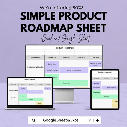 Simple Product Roadmap Sheet | Excel & Google Sheet Template | Product Development Plan | Editable Roadmap | Timeline for Teams |