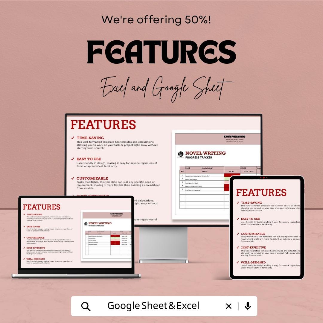 Novel Writing Progress Tracker | Writing Planner Spreadsheet | Author Tracker | Book Writing Organizer | Excel & Google Sheets