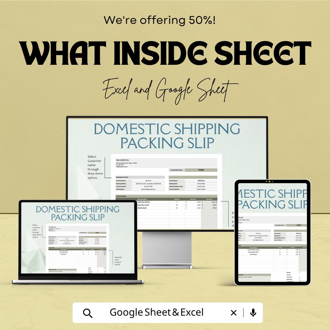 Domestic Shipping Packing Slip Template, Packing List Template, Order Fulfillment Sheet, Shipping Form, Small Business Tool