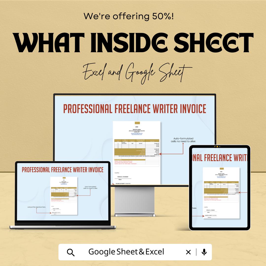 Freelance Writer Invoice Template | Editable Google Sheets & Excel | Professional Billing Sheet | Writing Invoice | Instant Download