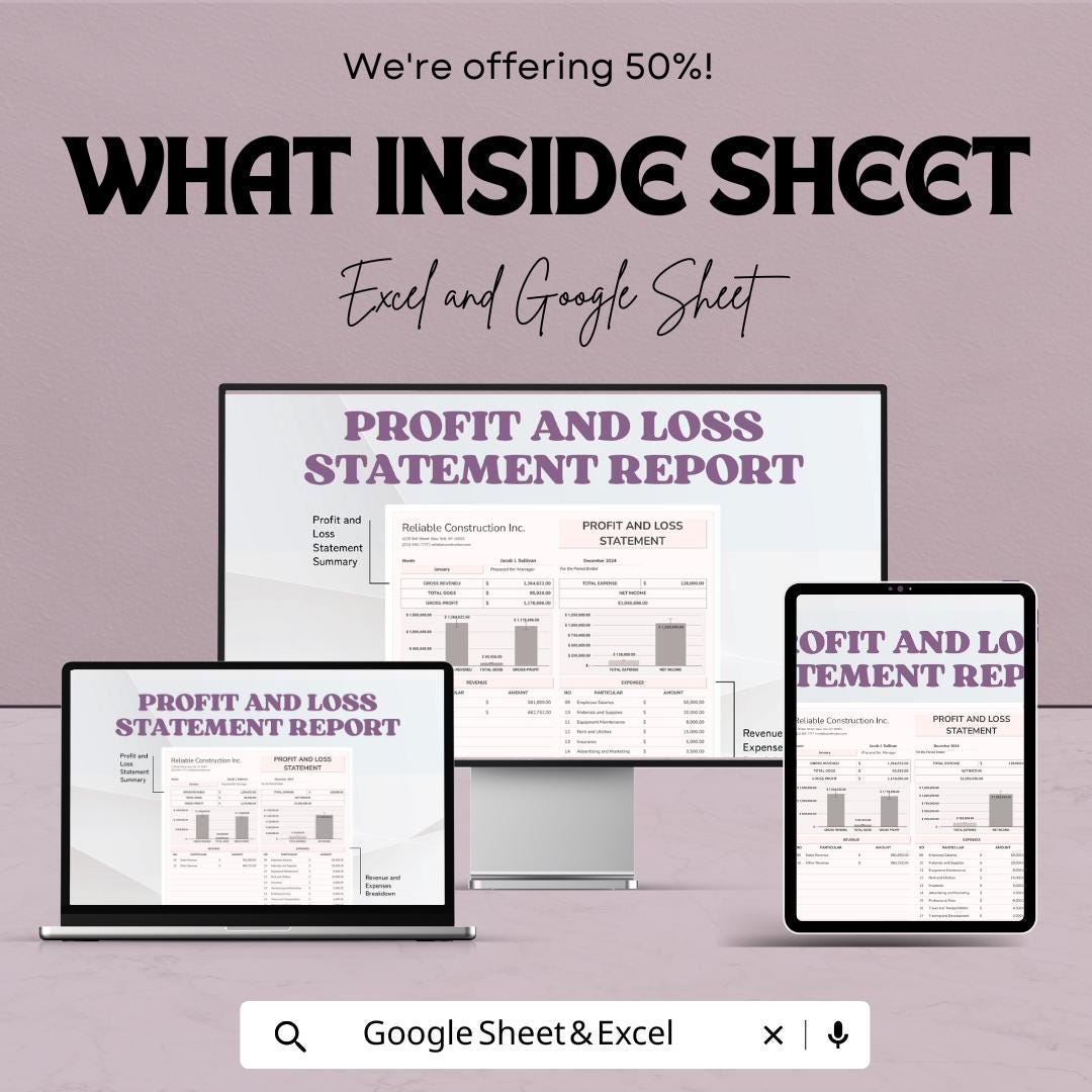 Profit and Loss Statement Report Sheet | Financial Tracking Template | Google Sheets | Expense & Revenue Tracker | Monthly Business Report