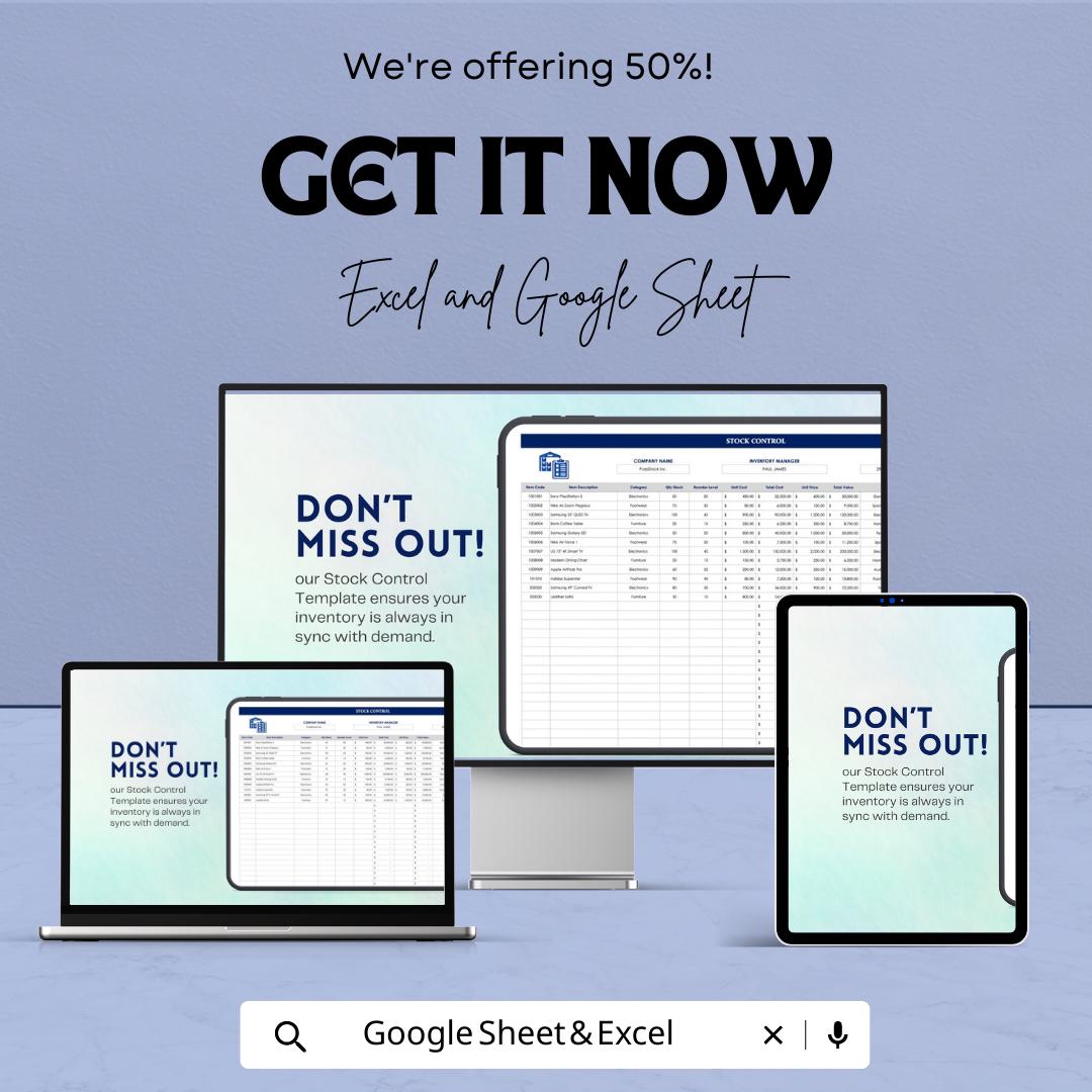 Stock Control Template Excel & Google Sheets | Inventory Management Spreadsheet | Stock Tracker for Small Business | Product Inventory Log