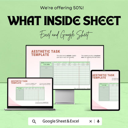 Aesthetic Task Sheet Template for Excel & Google Sheets | Manage Tasks with Style | Editable Task Tracker | 50% Off!