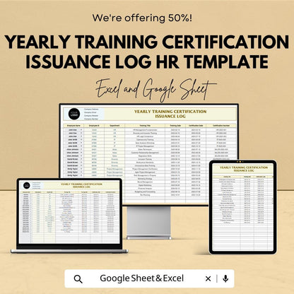 Yearly Training Certification Issuance Log Template | HR Training Tracker Excel & Google Sheets | Employee Certification Record Spreadsheet