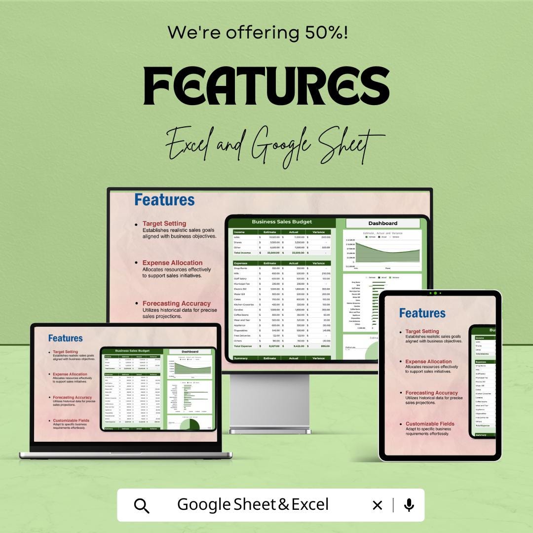 Business Sales Budget Template | Sales Budget Spreadsheet | Revenue and Expense Tracker | Business Dashboard | Excel & Google Sheets