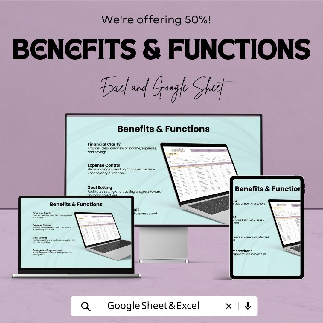 Household Budget Worksheet | Google Sheets Template for Tracking Income, Expenses, and Financial Goals | Easy to Use & Customizable