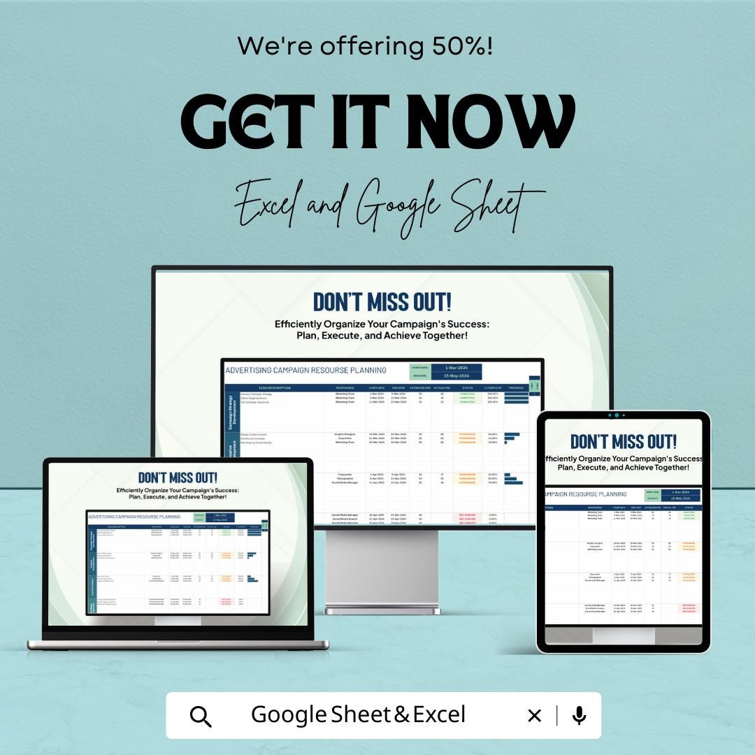 Advertising Campaign Resource Planning Template  | Marketing Campaign Planner | Project Timeline Tracker | Campaign Management Sheet