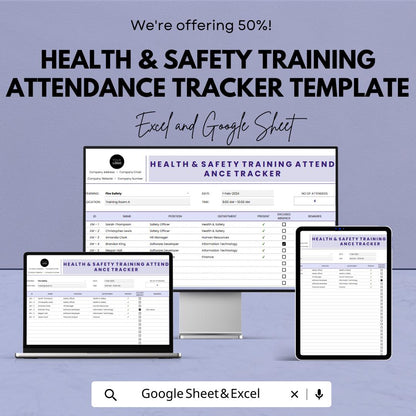 Health and Safety Training Attendance Tracker, Safety Training Log Template, Employee Training Record, Excel and Google Sheets HR Template