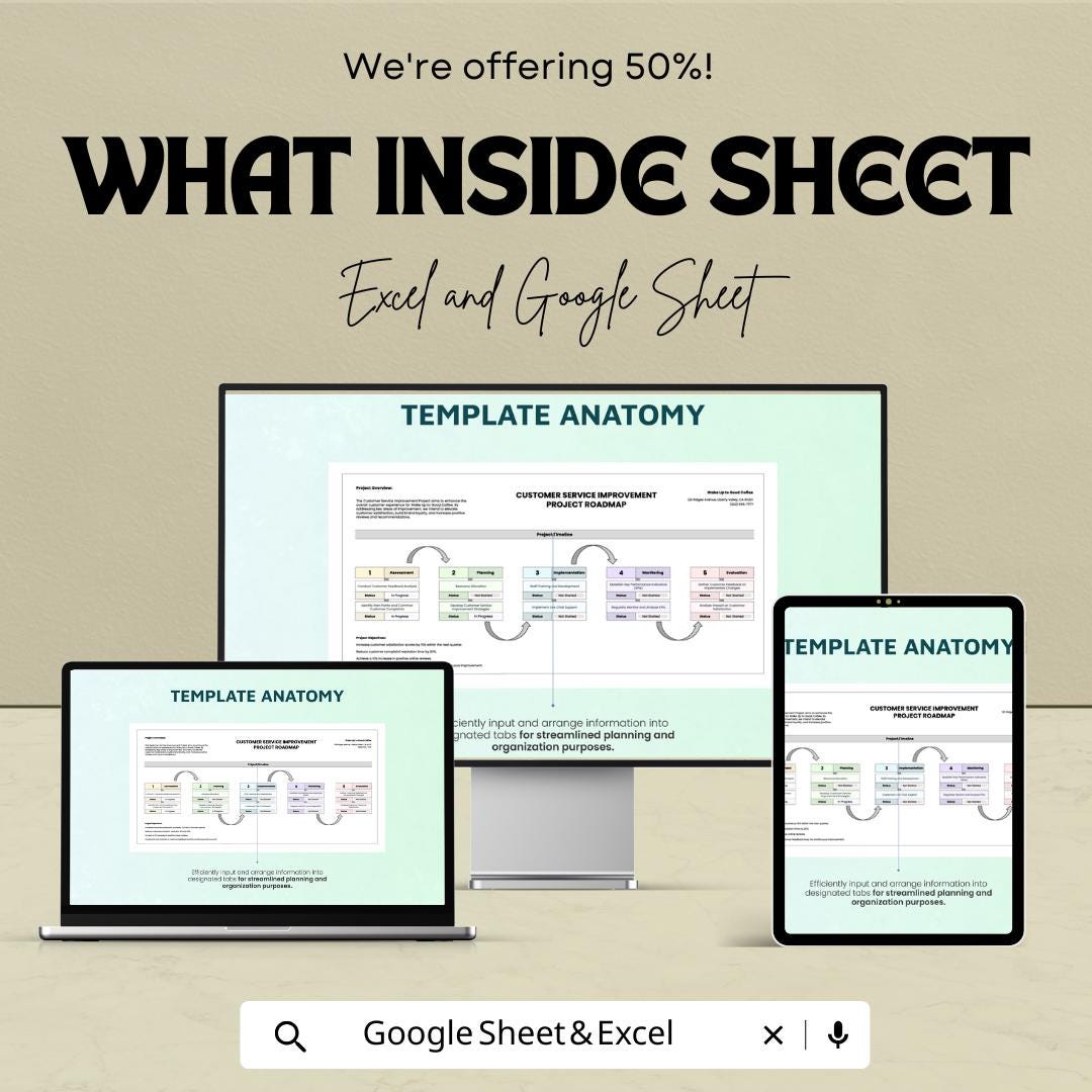 Customer Service Improvement Project Roadmap Template | Excel & Google Sheets | 50% OFF