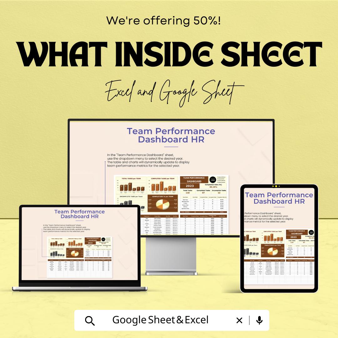 Team Performance Dashboard HR Sheet | Task Completion and Goal Tracker | Excel & Google Sheet | Employee Productivity Template