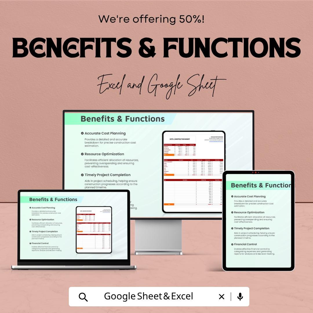 Hotel Construction Budget Template | Construction Budget Spreadsheet | Project Cost Estimator | Building Budget Planner
