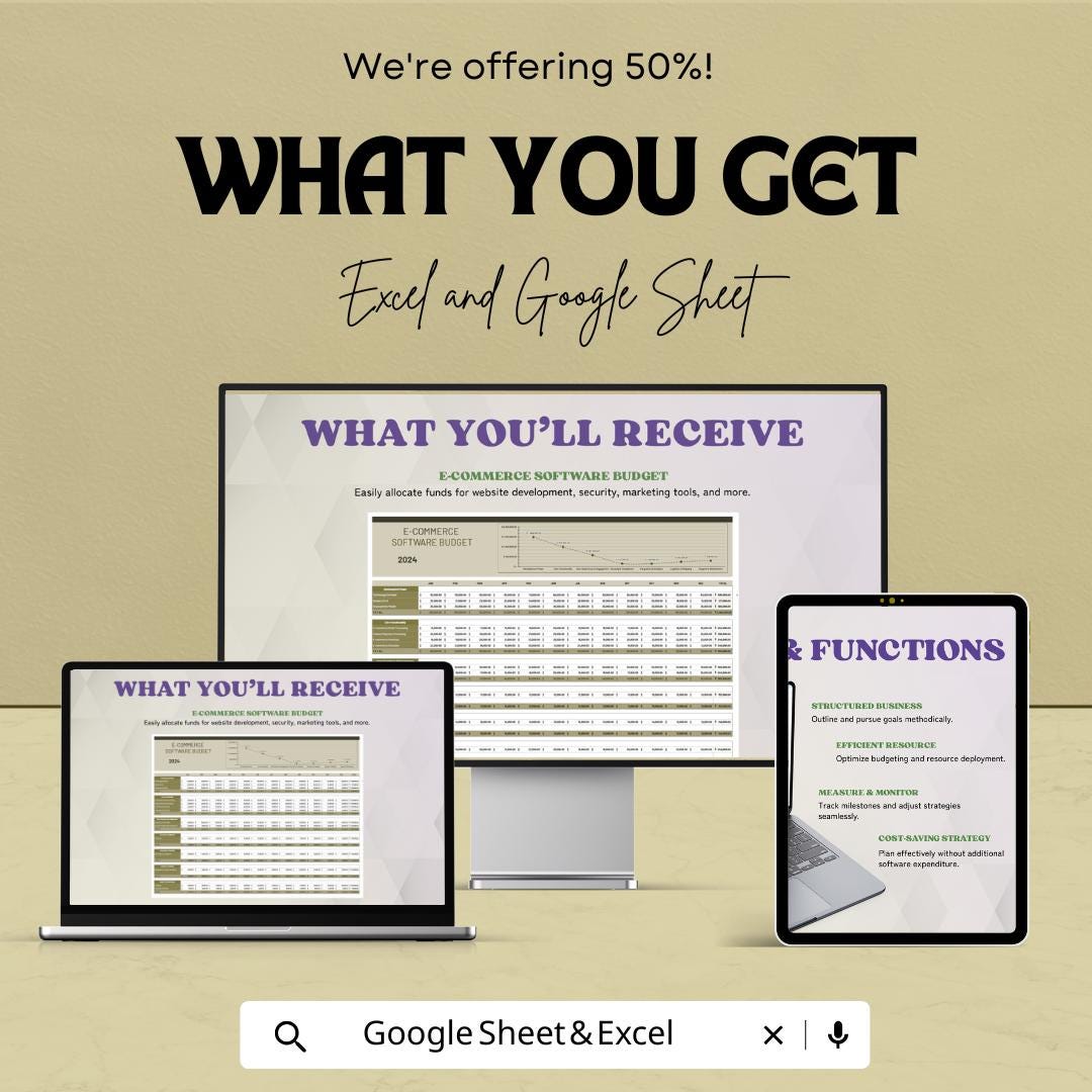 E-commerce Software Budget Template | Business Finance Tracker | Expense Planner | Software Cost Management Spreadsheet