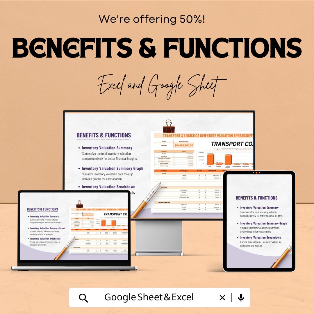 Transport and Logistics Inventory Valuation Spreadsheet Template | Excel and Google Sheets | Inventory Tracker & Valuation Dashboard