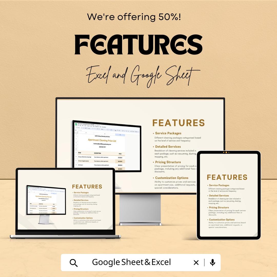 Apartment Cleaning Price List Sheet | Editable Google Sheets & Excel Template | Service Rate Chart, Cleaning Quote List for Businesses