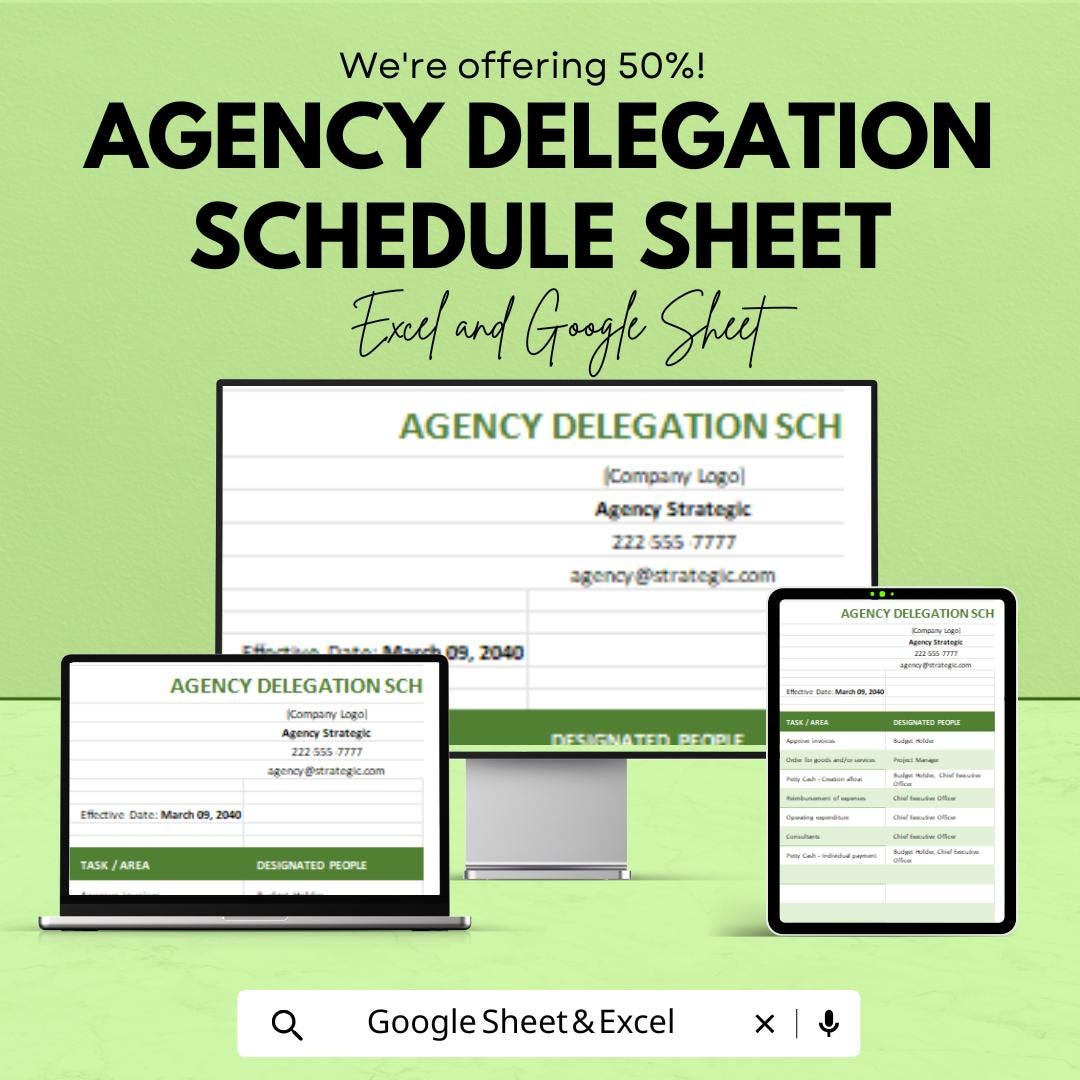 Agency Delegation Schedule Template - Google Sheets | Task Management | Project Delegation Tool | Streamline Contracts & Prioritize Tasks