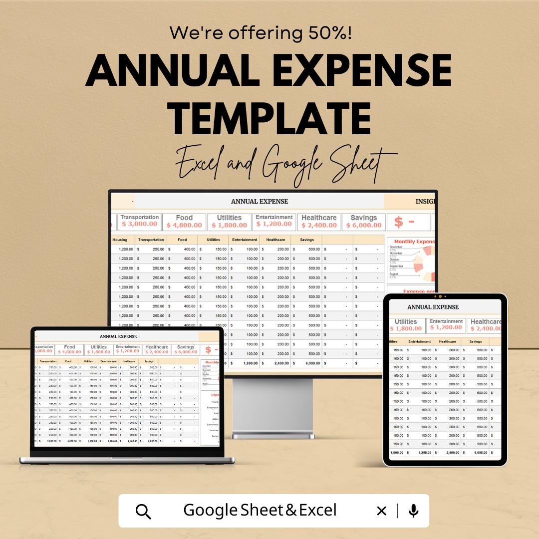 Annual Expense Tracker Template Excel & Google Sheets | Personal Budget Planner | Yearly Expense Spreadsheet | Finance Tracker Dashboard