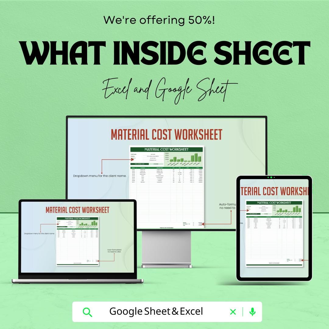 Material Cost Worksheet | Excel and Google Sheet Template | Track Material Costs, Budgeting, and Client Management | Instant Download