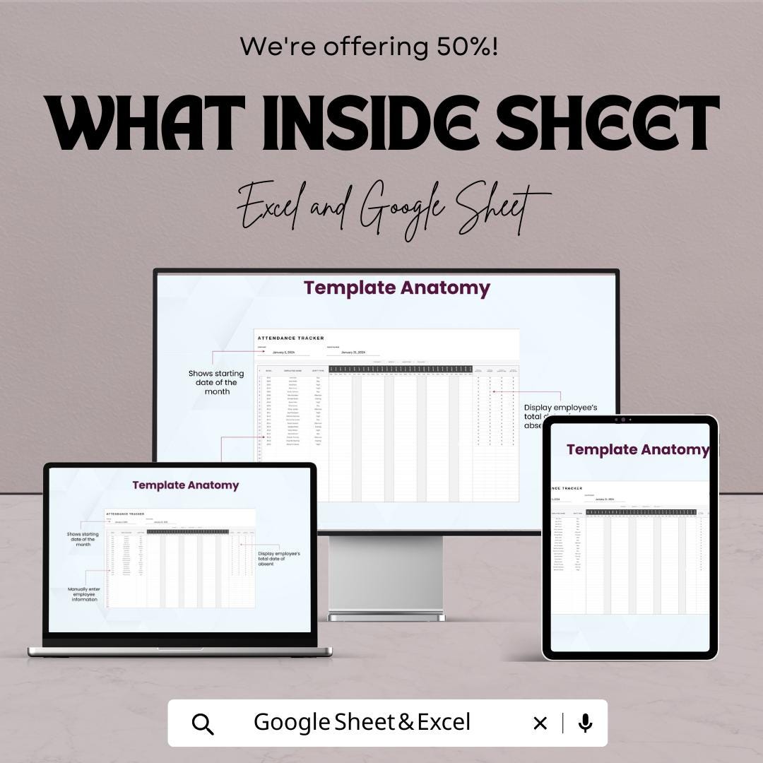 Printable Attendance Tracker Template | Employee Attendance Sheet | Monthly Staff Attendance Log | Excel & Google Sheets Tracker