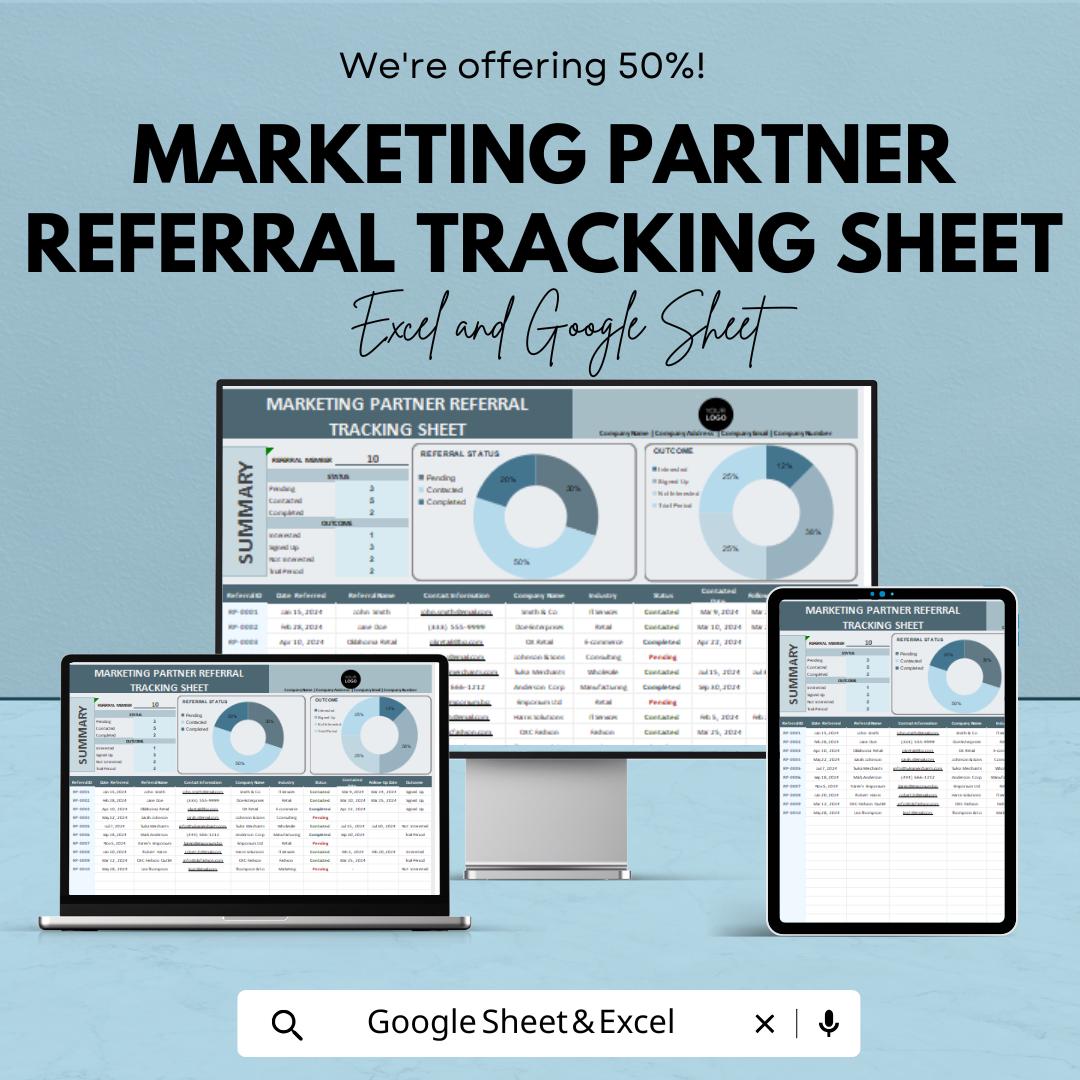 Marketing Partner Referral Tracking Sheet - Excel and Google Sheet for Efficient Lead Management, Referral Status & Outcome Analysis