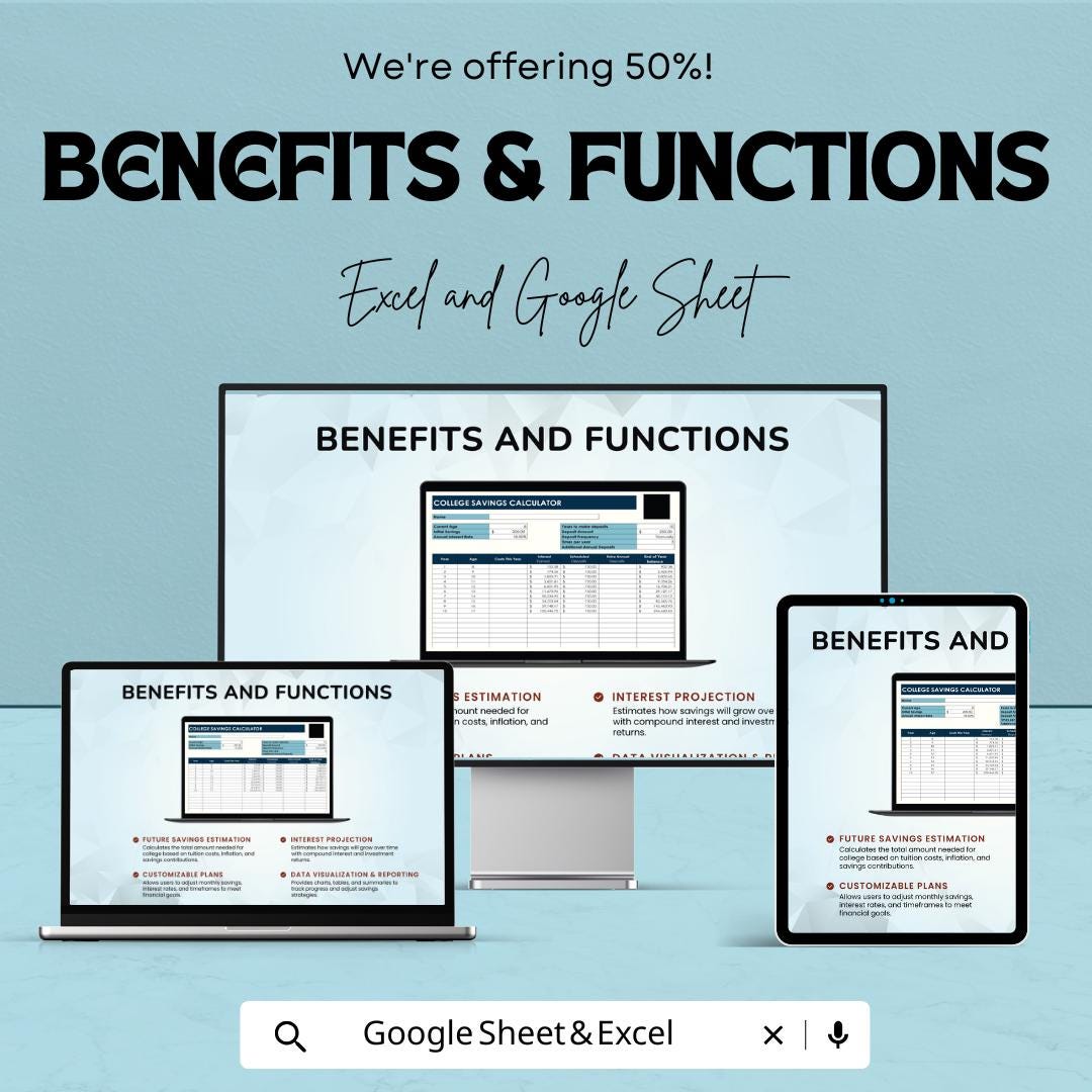 College Savings Calculator | Savings Planner | Education Fund Calculator | Future Tuition Planning Spreadsheet | Savings Growth Tool