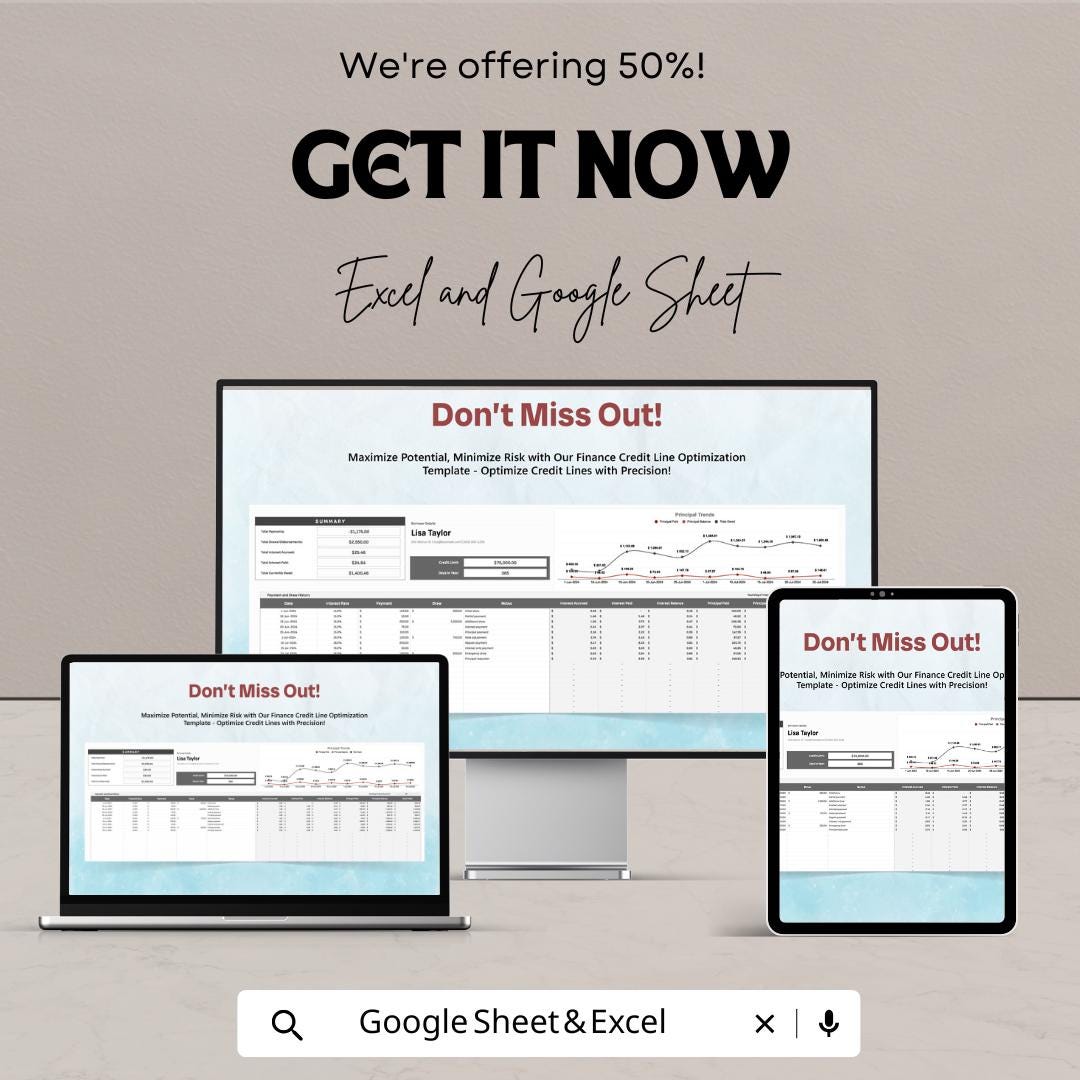 Finance Credit Line Optimization Template | Credit Utilization Tracker | Loan and Credit Management Spreadsheet | Financial Planner