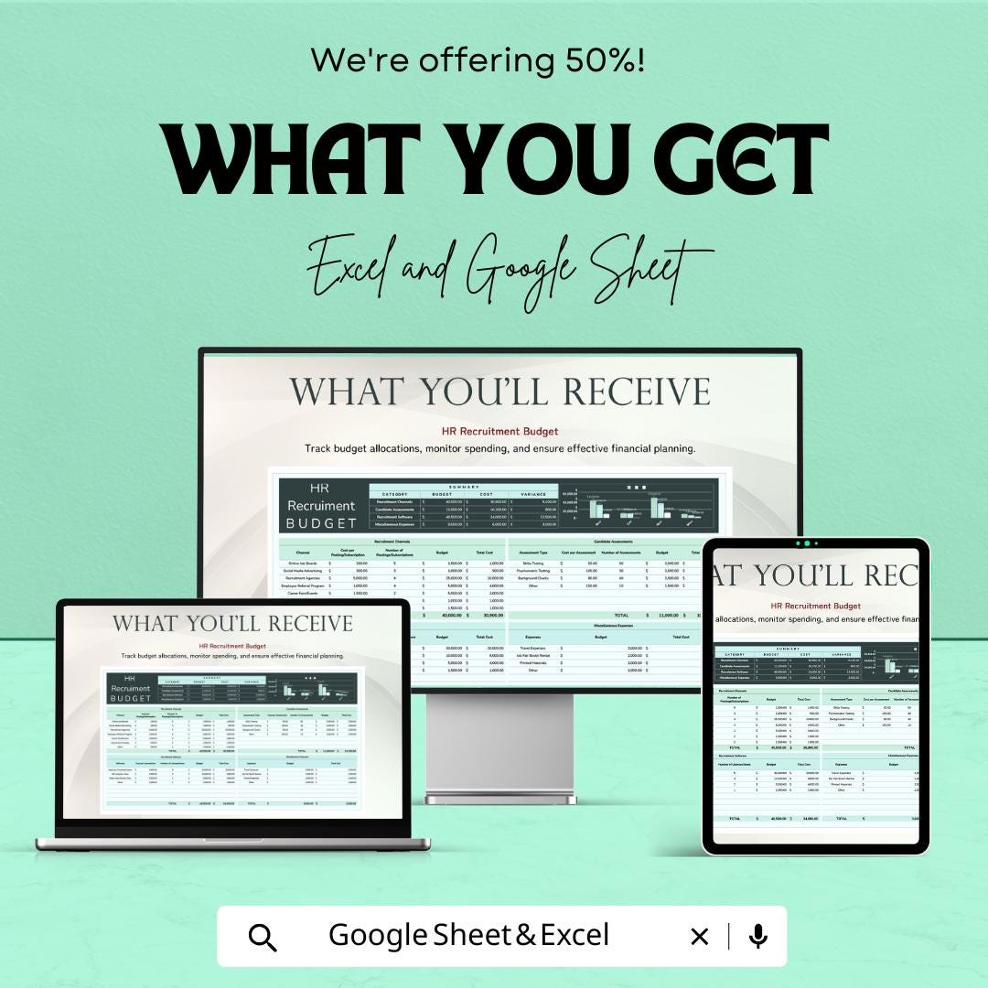 HR Recruitment Budget Sheet for Excel & Google Sheets - Track Recruitment Costs, Budget, and Expenses