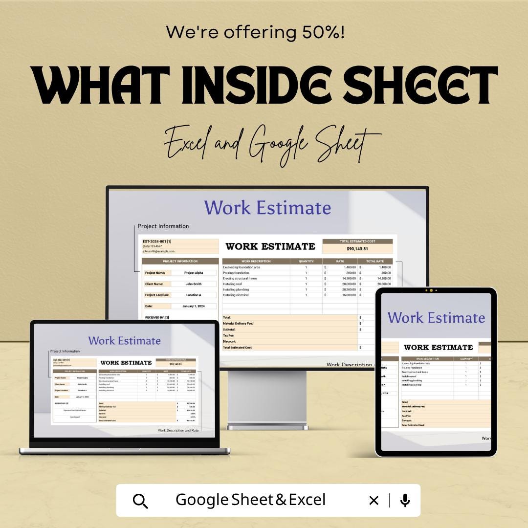 Work Estimate Template Excel Google Sheets | Construction Estimate Template | Job Costing Spreadsheet | Editable Business Estimate Invoice