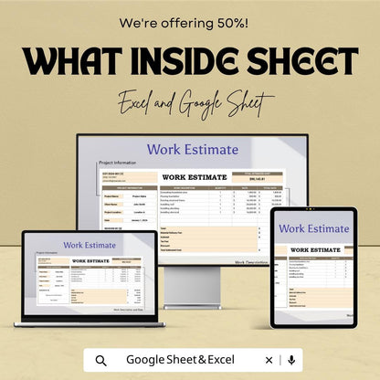 Work Estimate Template Excel Google Sheets | Construction Estimate Template | Job Costing Spreadsheet | Editable Business Estimate Invoice