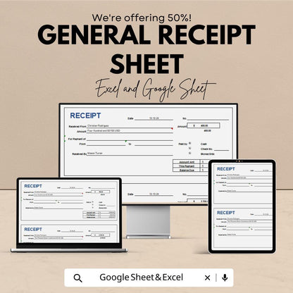General Receipt Template – Editable Excel & Google Sheet | Instant Download | Perfect for Business and Personal Use