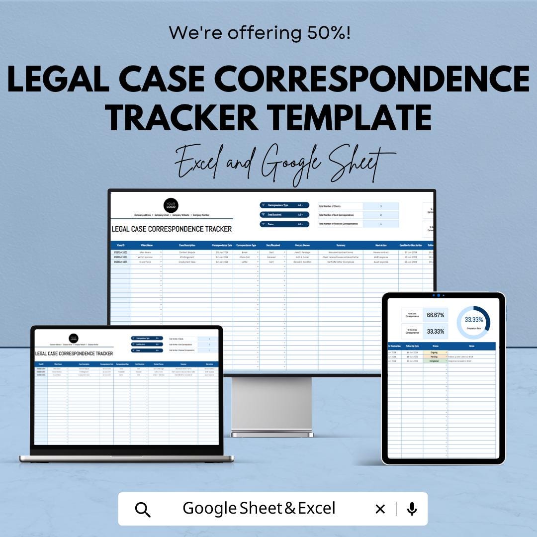 Legal Case Correspondence Tracker, Law Firm Client Database, Case & Client Management Template, Legal Spreadsheet