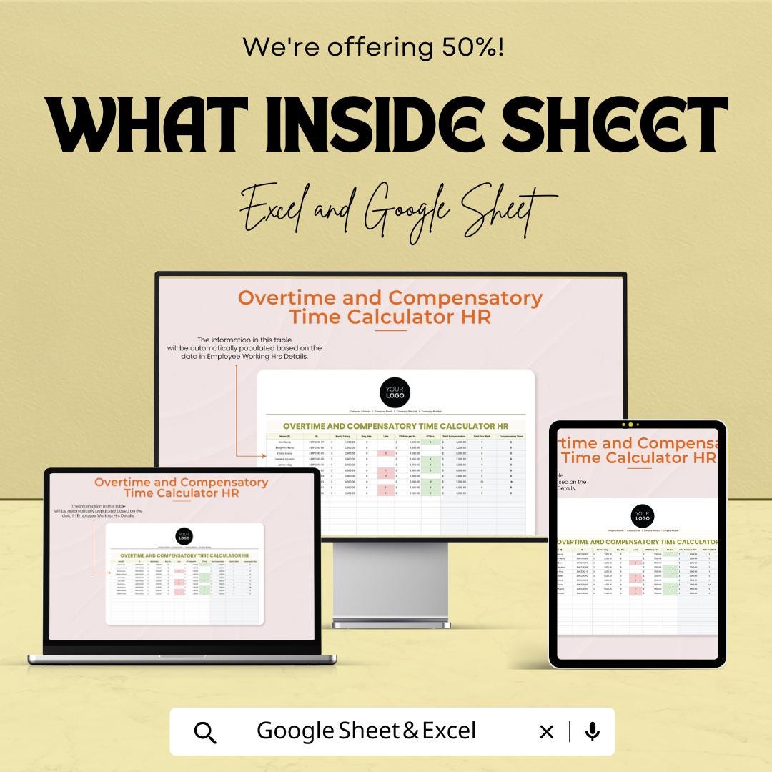Overtime and Compensatory Time Calculator | HR Payroll Tracking Template | Employee Overtime Log | Excel & Google Sheets