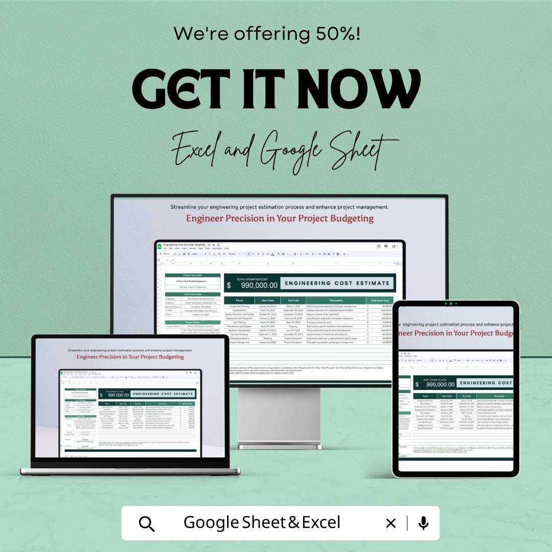 Engineering Cost Estimate Template | Project Cost Spreadsheet | Construction Budget Template | Excel & Google Sheets |