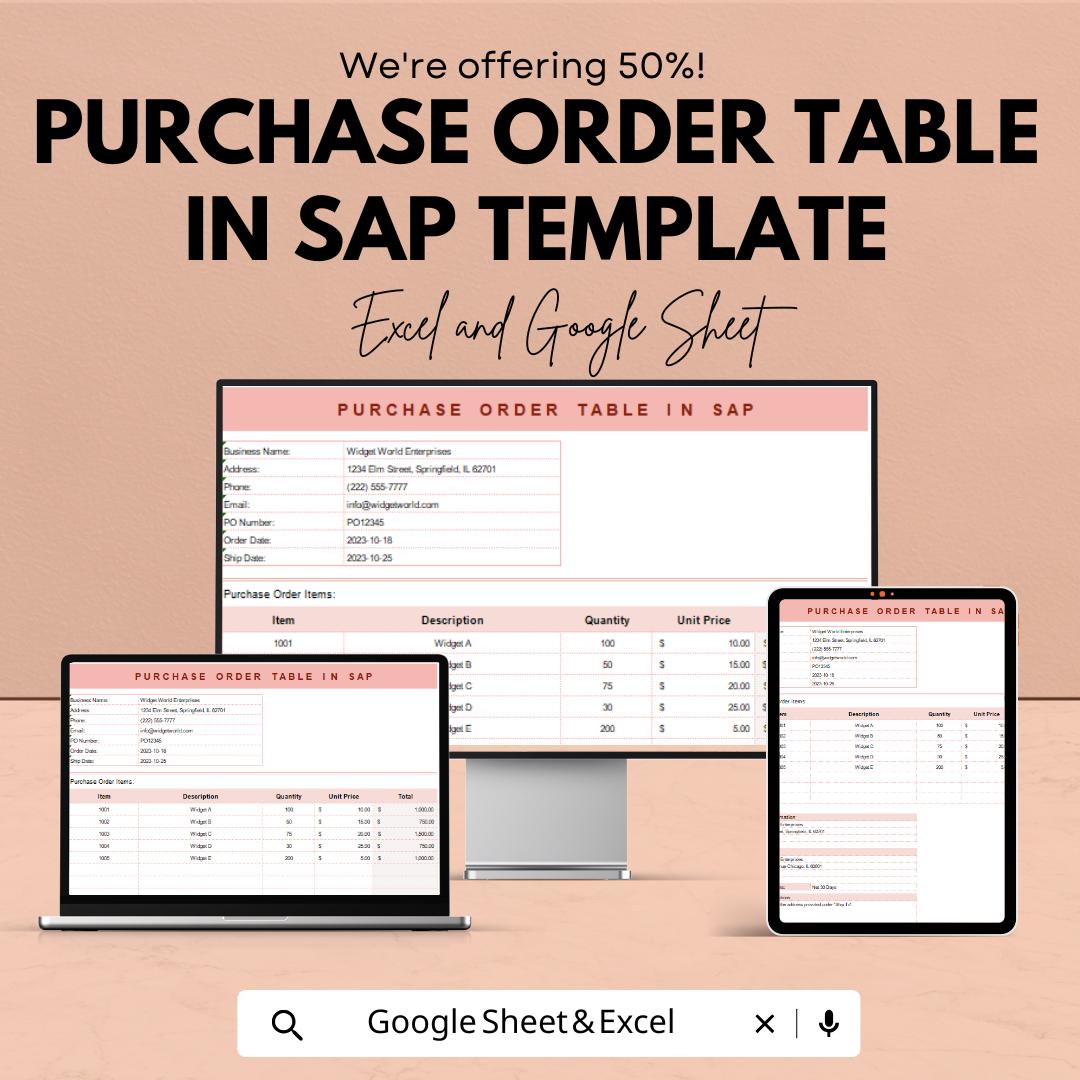 Purchase Order Table in SAP Template | Business Procurement Tracker | Excel & Google Sheet | Vendor Order Management Spreadsheet