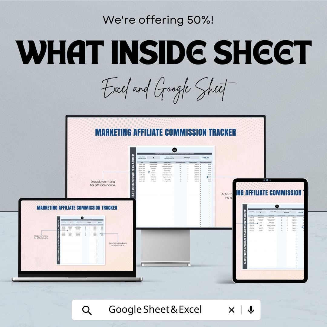 Marketing Affiliate Commission Tracker | Excel & Google Sheet | Sales Commission Log | Digital Template for Affiliate Managers