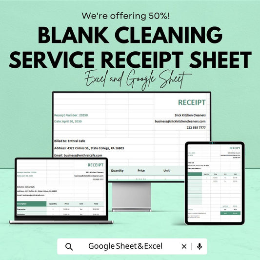 Blank Cleaning Service Receipt Sheet | Excel & Google Sheets Template | Customizable Receipt | Instant Download | Business Template