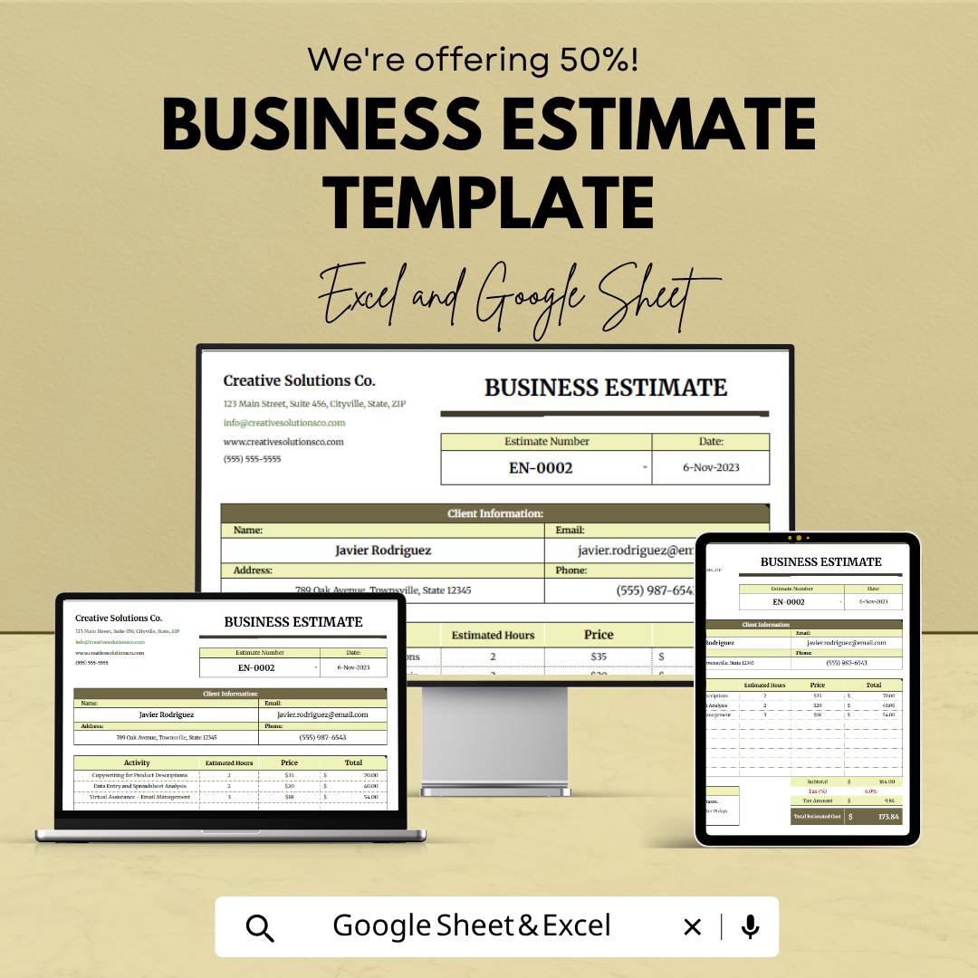 Business Estimate Template | Estimate Invoice Spreadsheet | Service Estimate Template | Project Cost Estimate Sheet