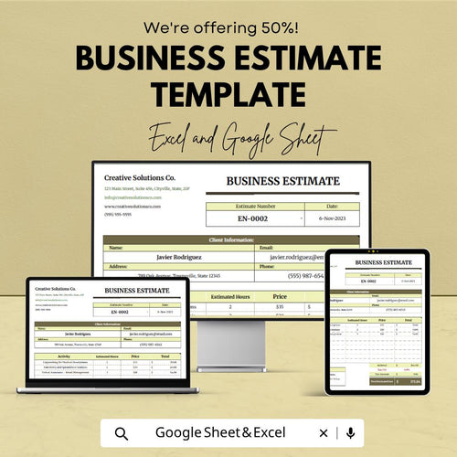 Business Estimate Template | Estimate Invoice Spreadsheet | Service Estimate Template | Project Cost Estimate Sheet