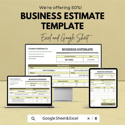 Business Estimate Template | Estimate Invoice Spreadsheet | Service Estimate Template | Project Cost Estimate Sheet