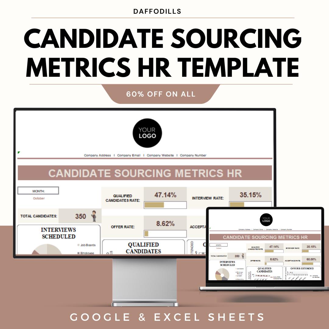 Candidate Sourcing Metrics HR Template, Recruitment Source Tracking Dashboard, Hiring Channel Analysis, Google Sheets Excel