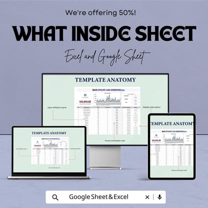 Sales Affiliate Lead Generation Stats Template | Conversion Tracking Dashboard | Affiliate Performance Report | Excel & Google Sheets