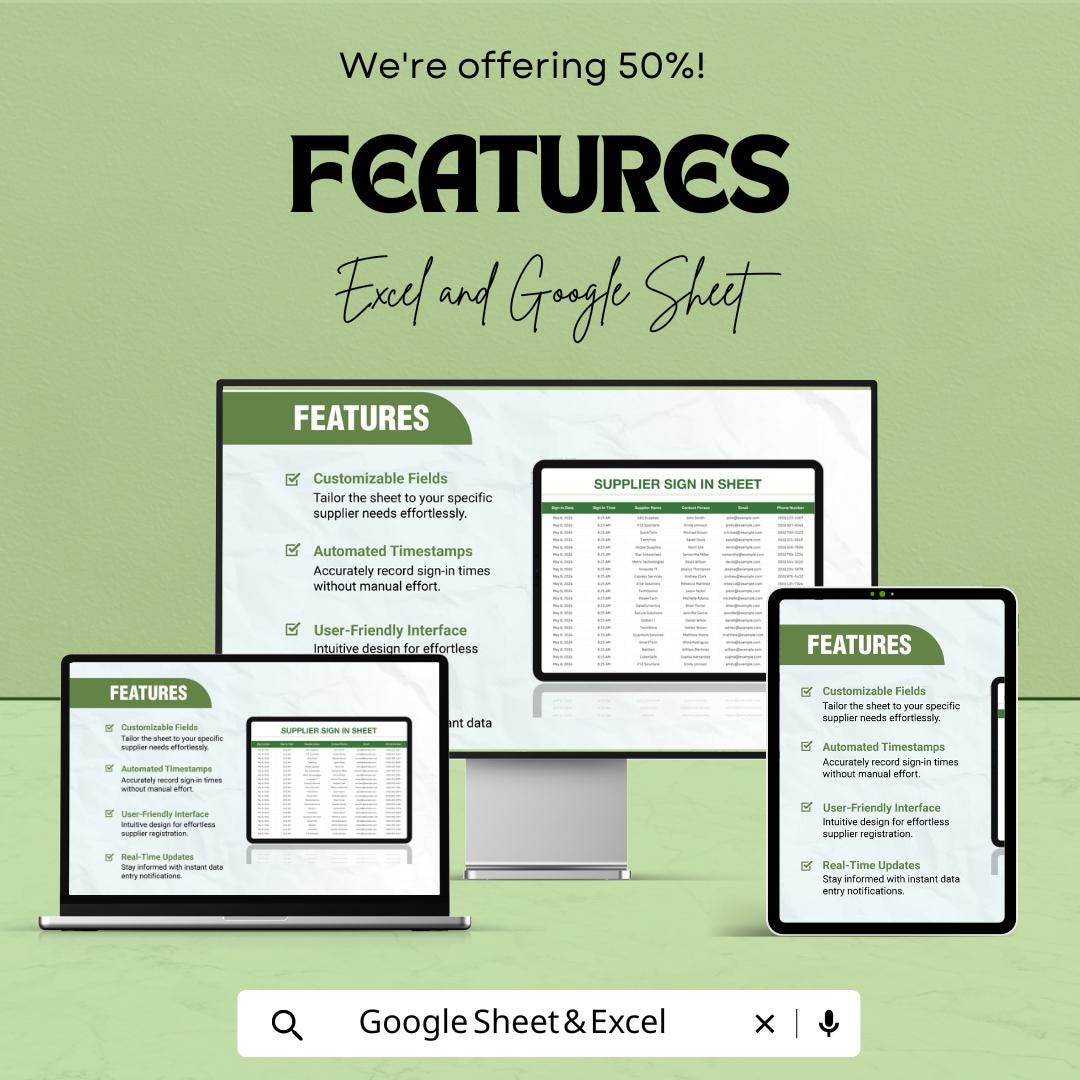 Supplier Sign In Sheet Template | Vendor Log Sheet | Excel and Google Sheets | Supplier Attendance Register | Business Tracking Template