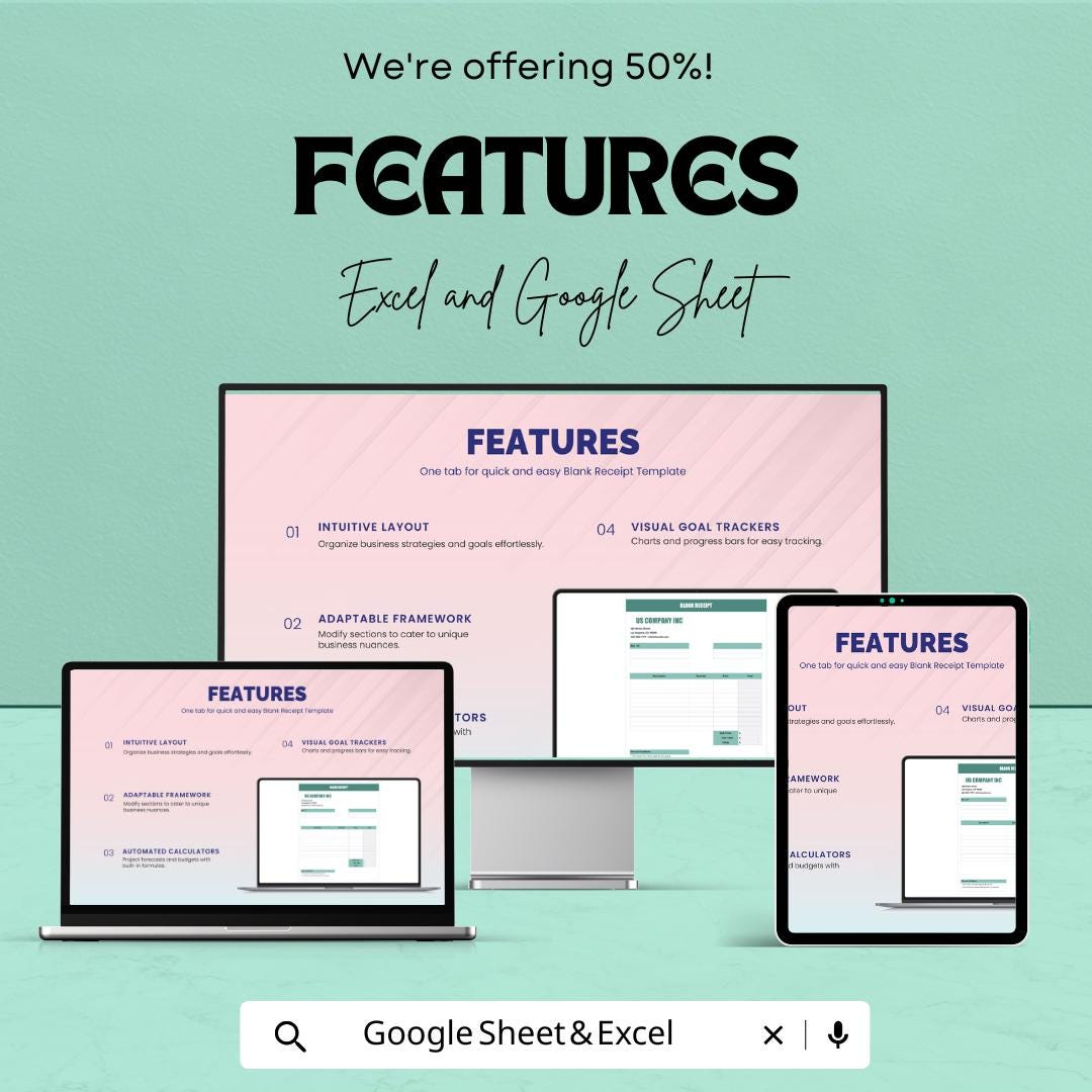 Blank Receipt Sheet for Excel & Google Sheets – Customizable Template | Digital Download – 50% OFF