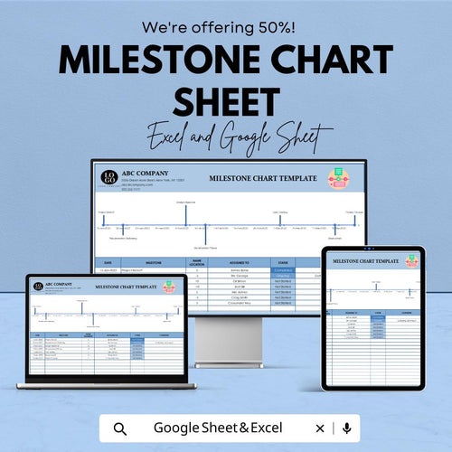 Milestone Chart Sheet for Excel & Google Sheets - 50% Off - Track Project Milestones and Goal