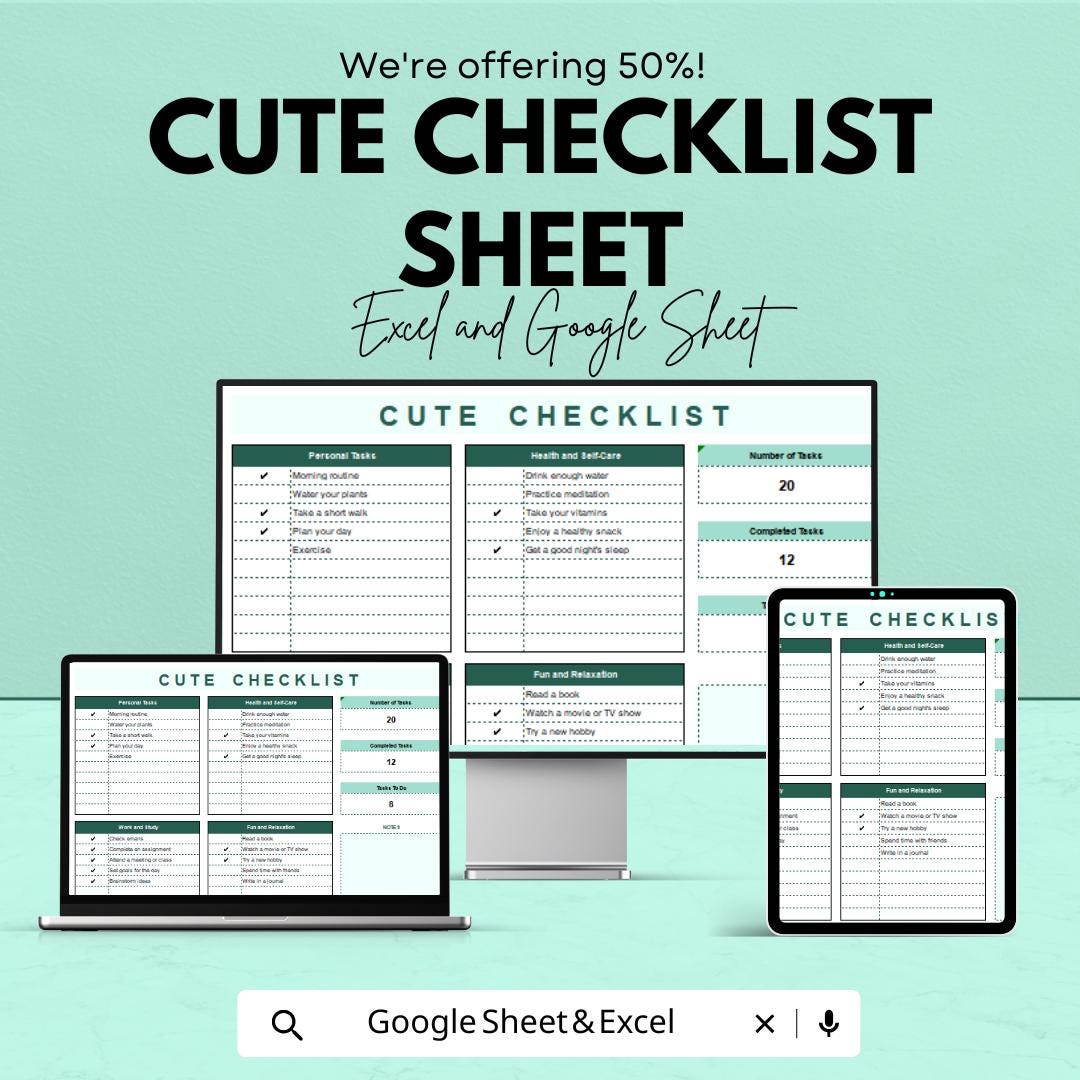 Cute Checklist Sheet | Excel and Google Sheets | Daily Task Planner | Fun & Adorable Checklist Template | Organize Your Day |
